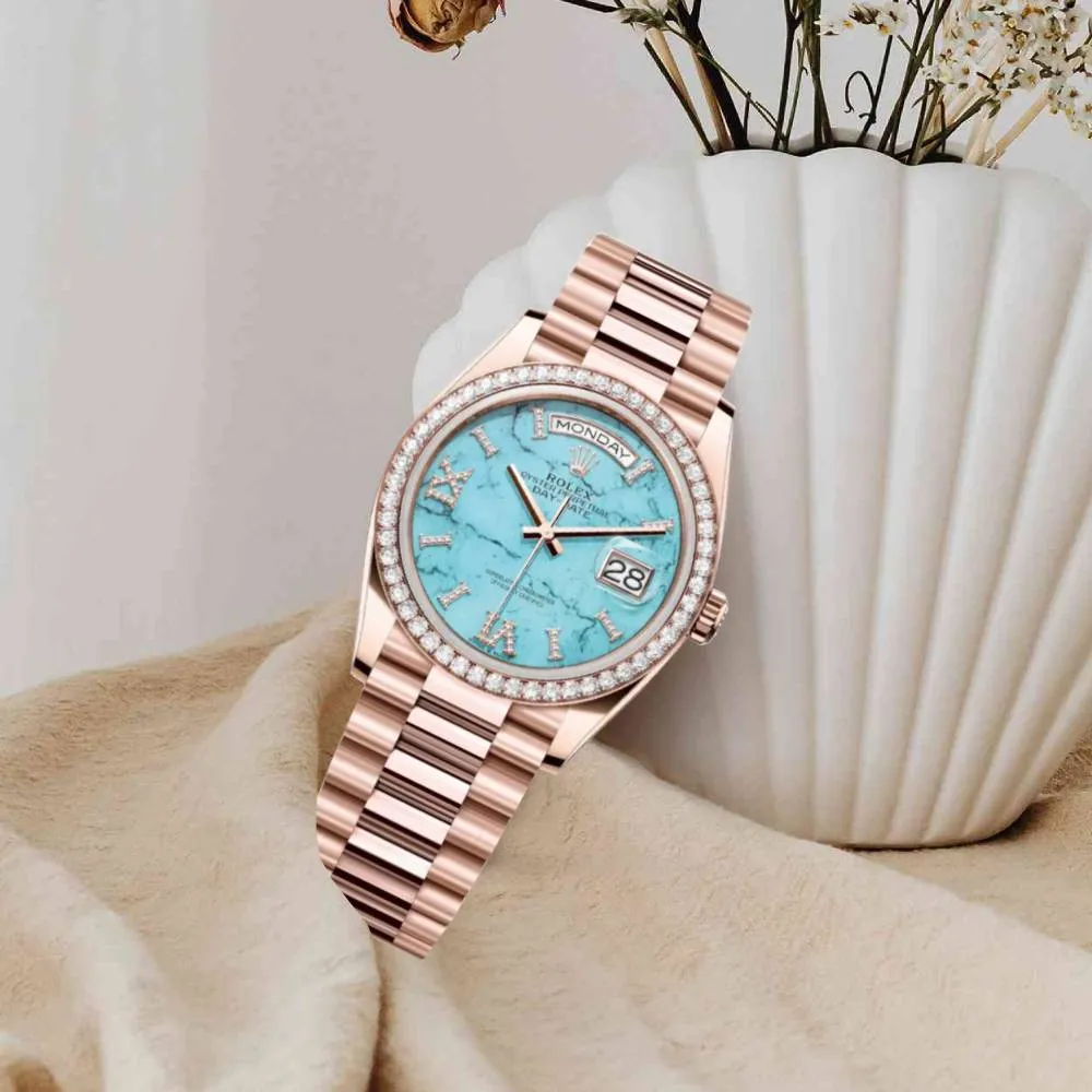 Rolex Day Date 36mm - Ref: 128345RBR - Tiffany Blue Turquoise Diamond Dial & Diamond Bezel, 18K Rose Gold & Diamonds President Bracelet Watch