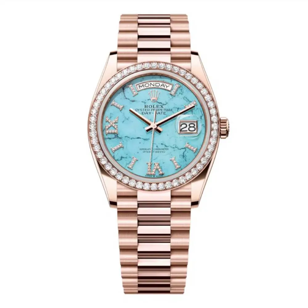 Rolex Day Date 36mm - Ref: 128345RBR - Tiffany Blue Turquoise Diamond Dial & Diamond Bezel, 18K Rose Gold & Diamonds President Bracelet Watch