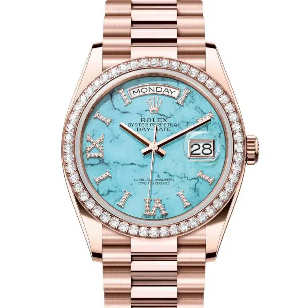 Rolex Day Date 36mm - Ref: 128345RBR - Tiffany Blue Turquoise Diamond Dial & Diamond Bezel, 18K Rose Gold & Diamonds President Bracelet Watch