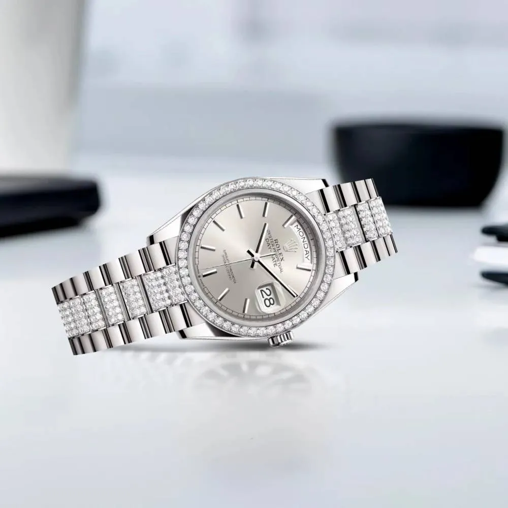 Rolex Day Date 36mm - Ref: 128349rbr-0013 - Silver Stick Dial & Diamond Bezel, 18K White Gold & Diamonds President Bracelet Watch