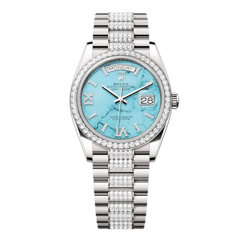 Rolex Day Date 36mm - Ref: 128349RBR - Tiffany Blue Turquoise Diamond Dial & Diamond Bezel, 18K White Gold & Diamonds President Bracelet Watch