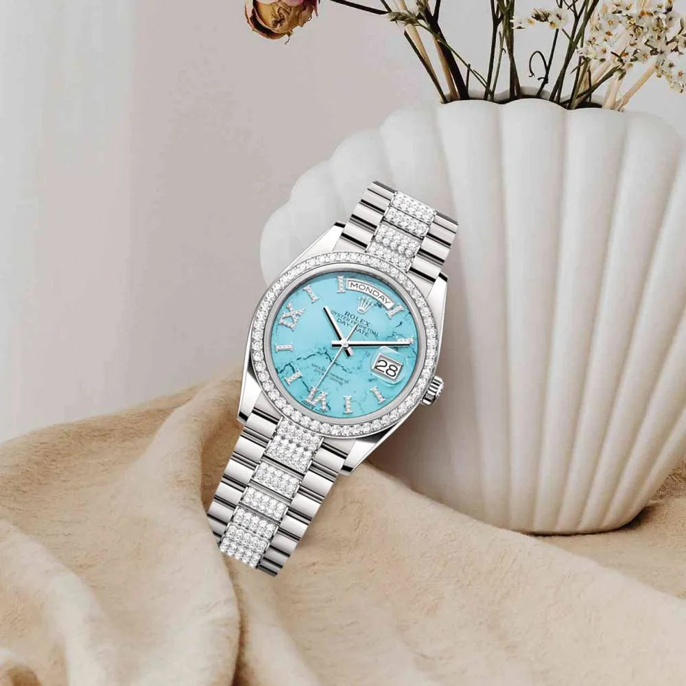 Rolex Day Date 36mm - Ref: 128349RBR - Tiffany Blue Turquoise Diamond Dial & Diamond Bezel, 18K White Gold & Diamonds President Bracelet Watch