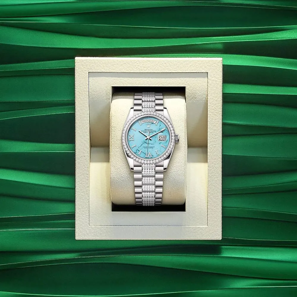 Rolex Day Date 36mm - Ref: 128349RBR - Tiffany Blue Turquoise Diamond Dial & Diamond Bezel, 18K White Gold & Diamonds President Bracelet Watch