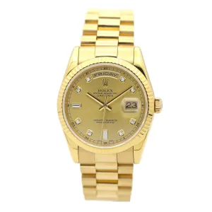 Rolex Day Date 36mm - Ref: ROL-92507 - Champagne Diamond Dial & Fluted Bezel, 18K Yellow Gold President Bracelet Watch