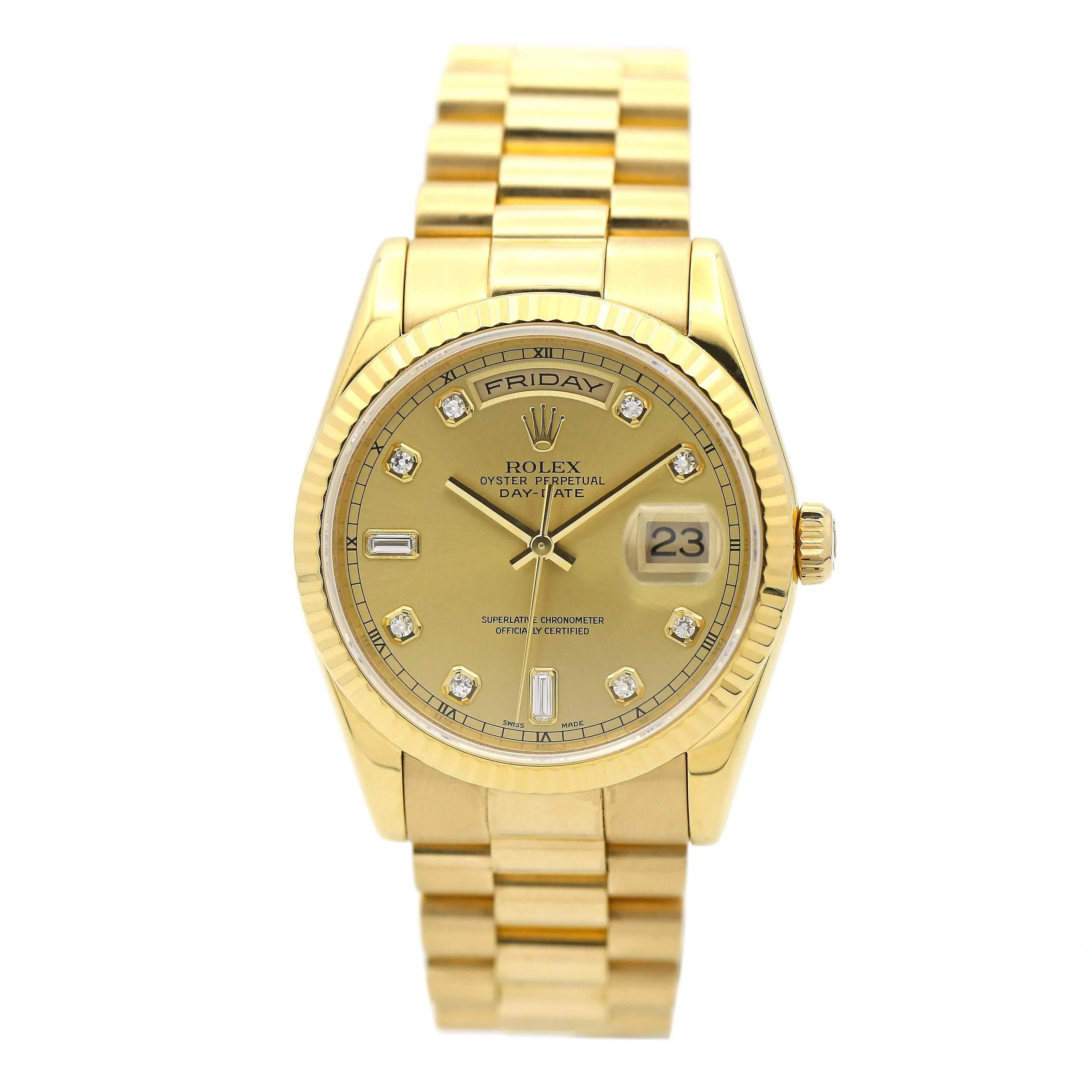 Rolex Day Date 36mm - Ref: ROL-92507 - Champagne Diamond Dial & Fluted Bezel, 18K Yellow Gold President Bracelet Watch