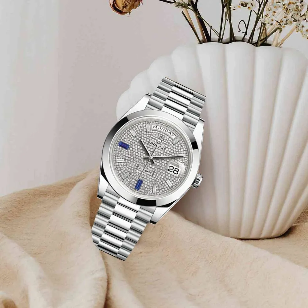 Rolex Day Date 40mm - Ref: 228206-0029 - Pave Diamond / Sapphire Dial, Platinum President Bracelet Men's Watch