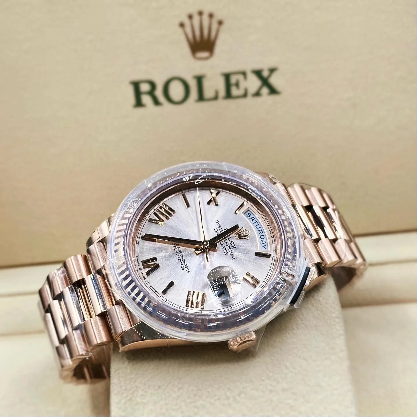 Rolex Day Date 40mm - Ref: 228235-0001 - Sundust Roman Dial & Fluted Bezel, 18K Rose Gold President Bracelet Men's Watch