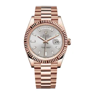 Rolex Day Date 40mm - Ref: 228235-0004 - Silver Diamond Dial & Fluted Bezel, 18K Rose Gold President Bracelet Men's Watch