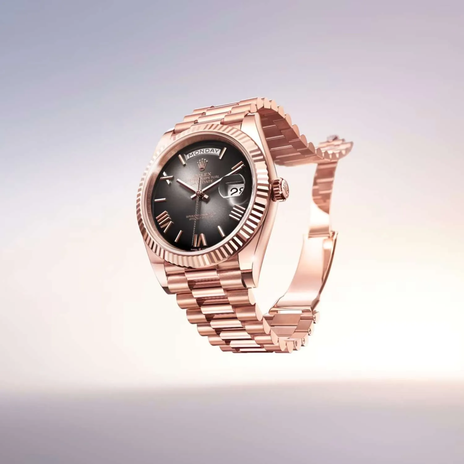 Rolex Day Date 40mm - Ref: 228235-0055 - Slate Ombre Roman Dial & Fluted Bezel, 18K Rose Gold President Bracelet Men's Watch