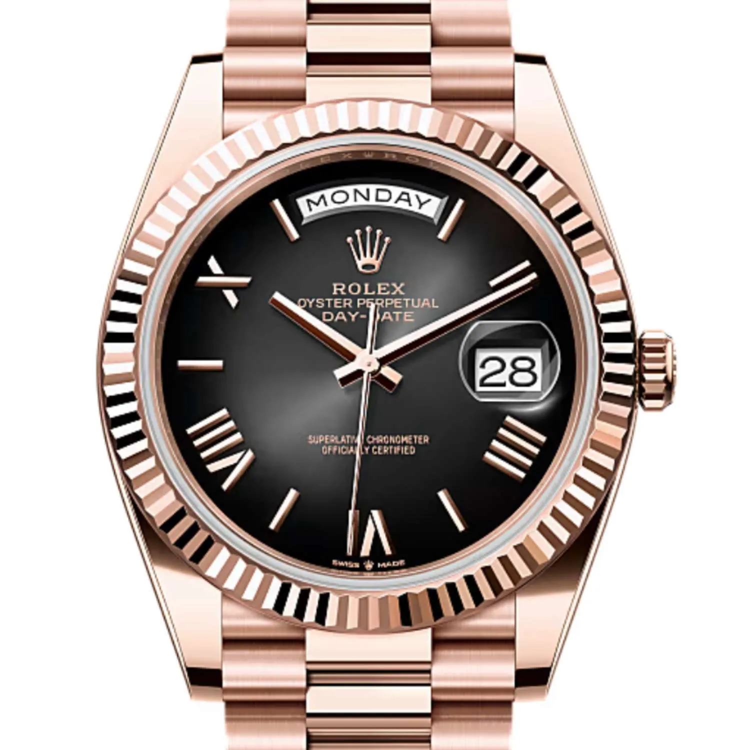 Rolex Day Date 40mm - Ref: 228235-0055 - Slate Ombre Roman Dial & Fluted Bezel, 18K Rose Gold President Bracelet Men's Watch