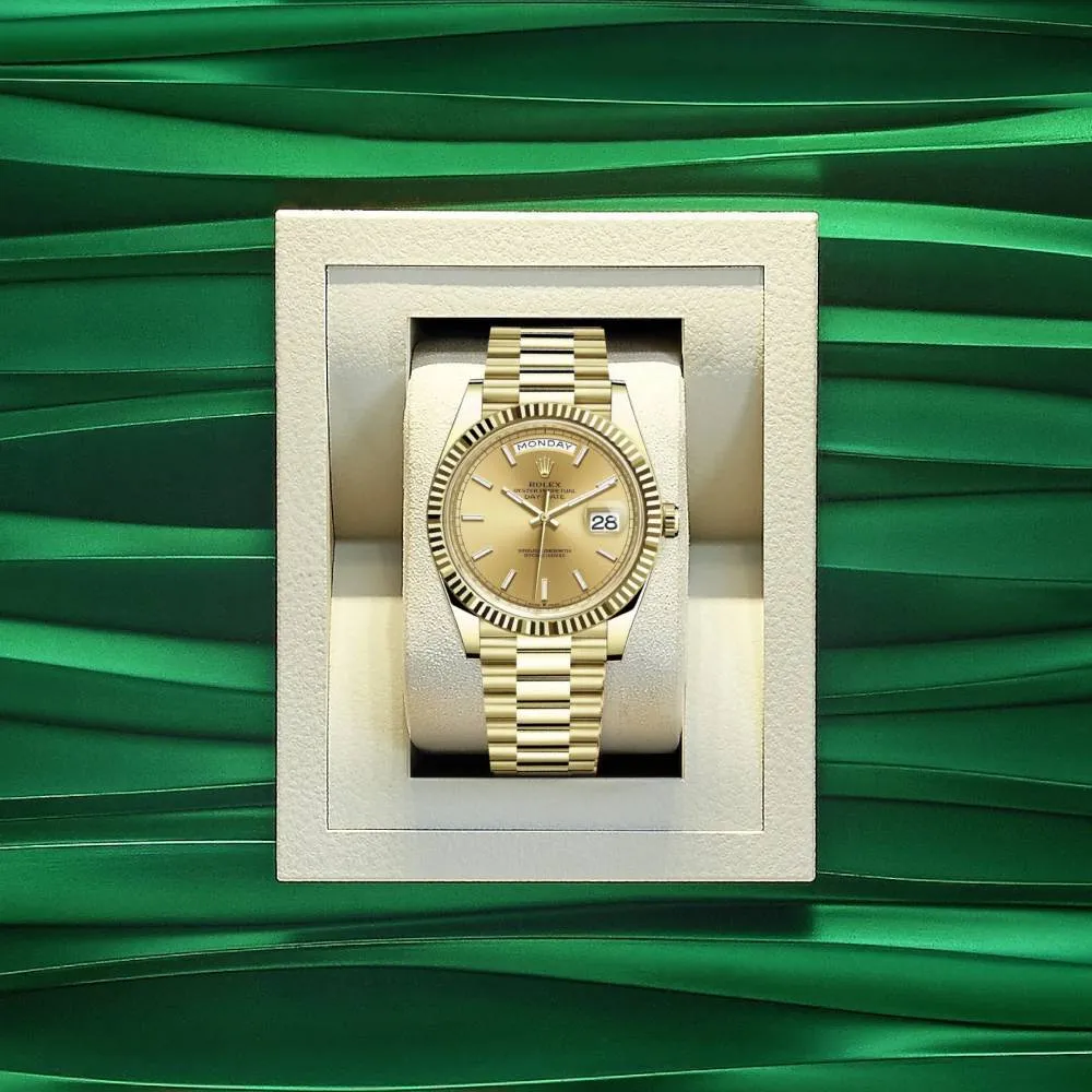 Rolex Day Date 40mm - Ref: 228238-0003 - Champagne Stick Dial & Fluted Bezel, 18K Yellow Gold President Bracelet Men's Watch