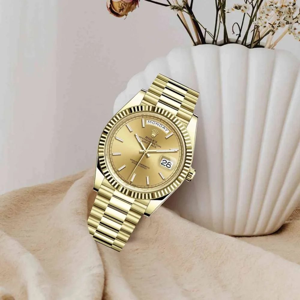 Rolex Day Date 40mm - Ref: 228238-0003 - Champagne Stick Dial & Fluted Bezel, 18K Yellow Gold President Bracelet Men's Watch