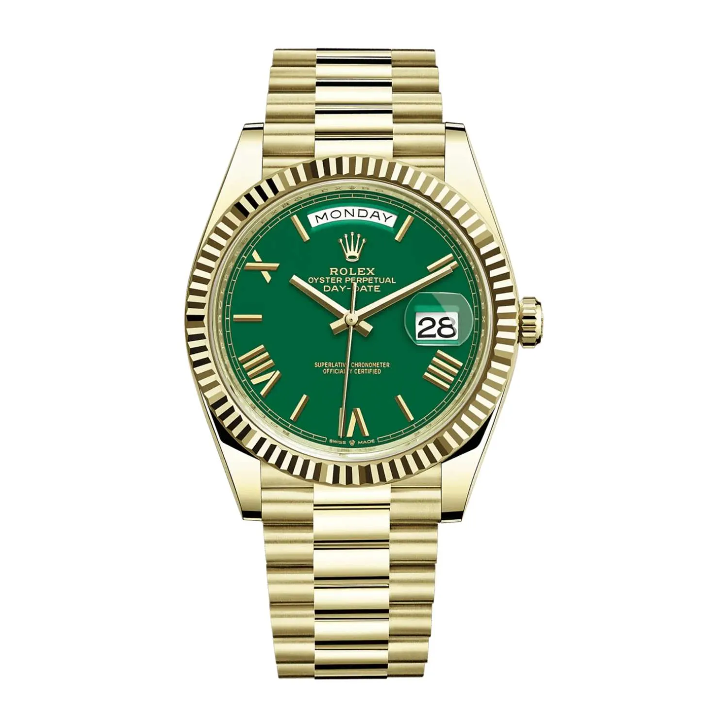 Rolex Day Date 40mm - Ref: 228238 - Green Lacquered Roman Dial & Fluted Bezel, 18K Yellow Gold President Bracelet Men's Watch
