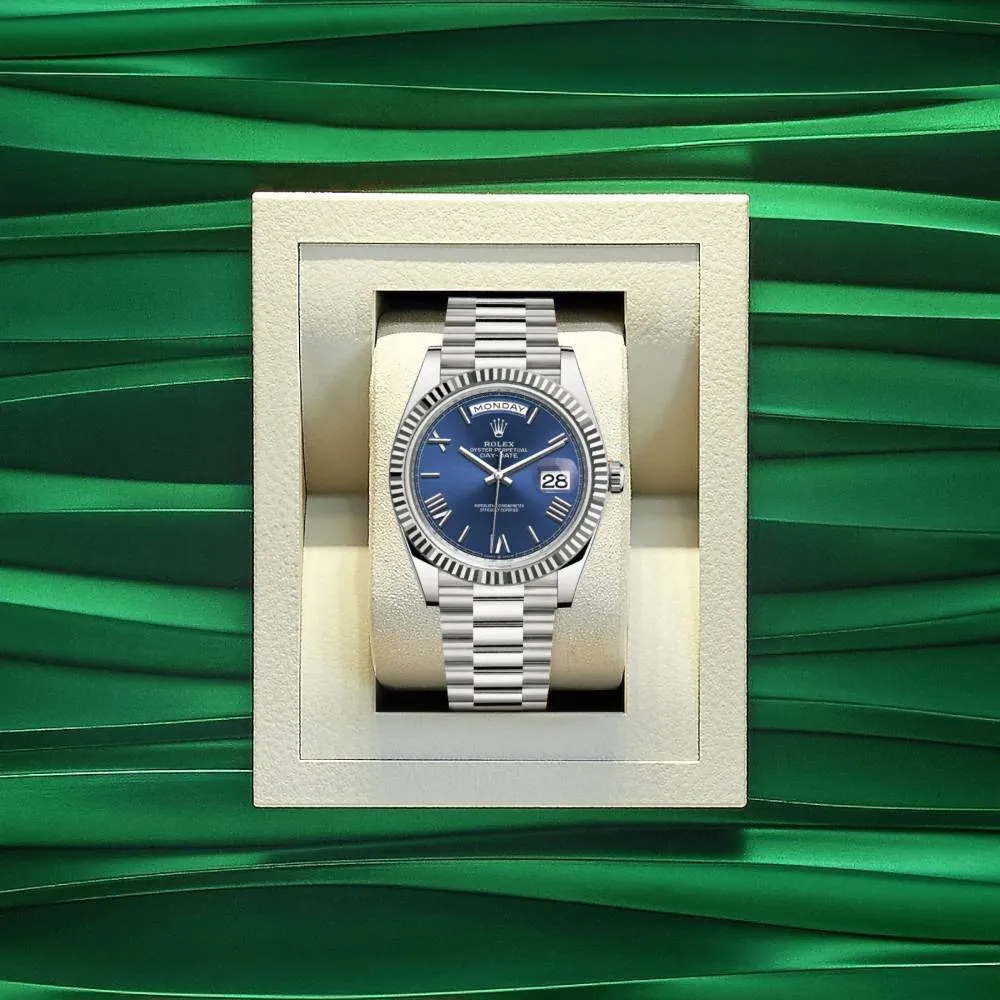 Rolex Day Date 40mm - Ref: 228239-0007 - Blue Roman Dial & Fluted Bezel, 18K White Gold President Bracelet Men's Watch
