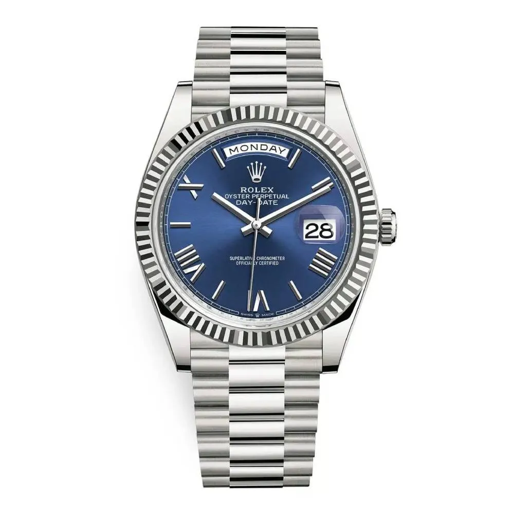 Rolex Day Date 40mm - Ref: 228239-0007 - Blue Roman Dial & Fluted Bezel, 18K White Gold President Bracelet Men's Watch