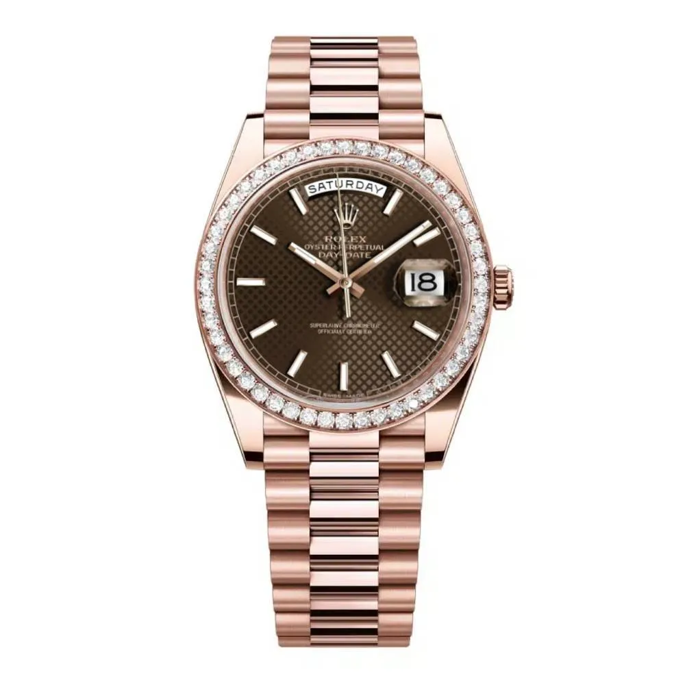 Rolex Day Date 40mm - Ref: 228345rbr-0005 - Chocolate Diagonal Motif Stick Dial & Diamond Bezel, 18K Rose Gold President Bracelet Men's Watch