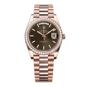 Rolex Day Date 40mm - Ref: 228345rbr-0005 - Chocolate Diagonal Motif Stick Dial & Diamond Bezel, 18K Rose Gold President Bracelet Men's Watch