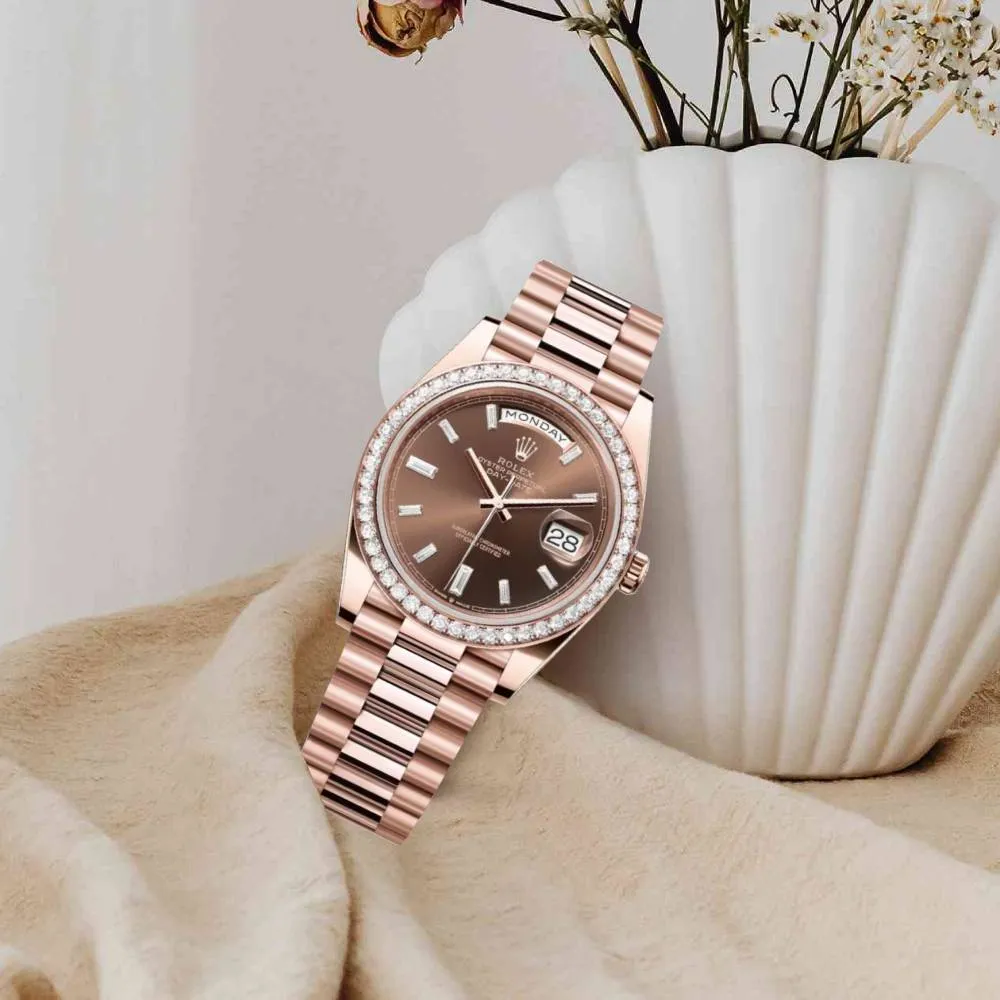 Rolex Day Date 40mm - Ref: 228345rbr-0006 - Chocolate Diamond Dial & Diamond Bezel, 18K Rose Gold President Bracelet Men's Watch