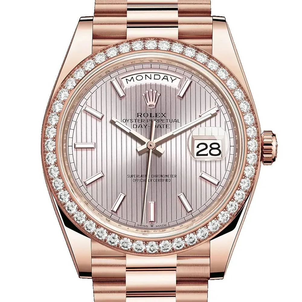 Rolex Day Date 40mm - Ref: 228345rbr-0010 - Sundust Stripe Motif Stick Dial & Diamond Bezel, 18K Rose Gold President Bracelet Men's Watch