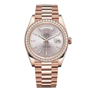 Rolex Day Date 40mm - Ref: 228345rbr-0010 - Sundust Stripe Motif Stick Dial & Diamond Bezel, 18K Rose Gold President Bracelet Men's Watch