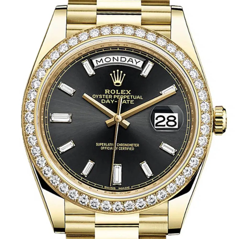 Rolex Day Date 40mm - Ref: 228348rbr-0001 - Black Stick Dial & Diamond Bezel, 18K Yellow Gold President Bracelet Men's Watch