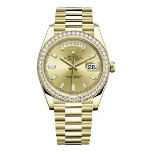 Rolex Day Date 40mm - Ref: 228348rbr-0002 - Champagne Stick Dial & Diamond Bezel, 18K Yellow Gold President Bracelet Men's Watch