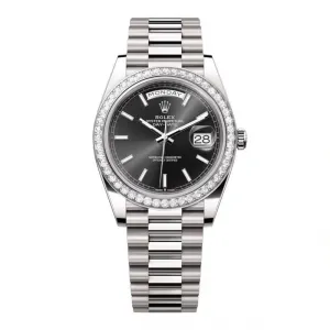 Rolex Day Date 40mm - Ref: 228349rbr-0002 - Black Stick Dial & Diamond Bezel, Platinum President Bracelet Men's Watch