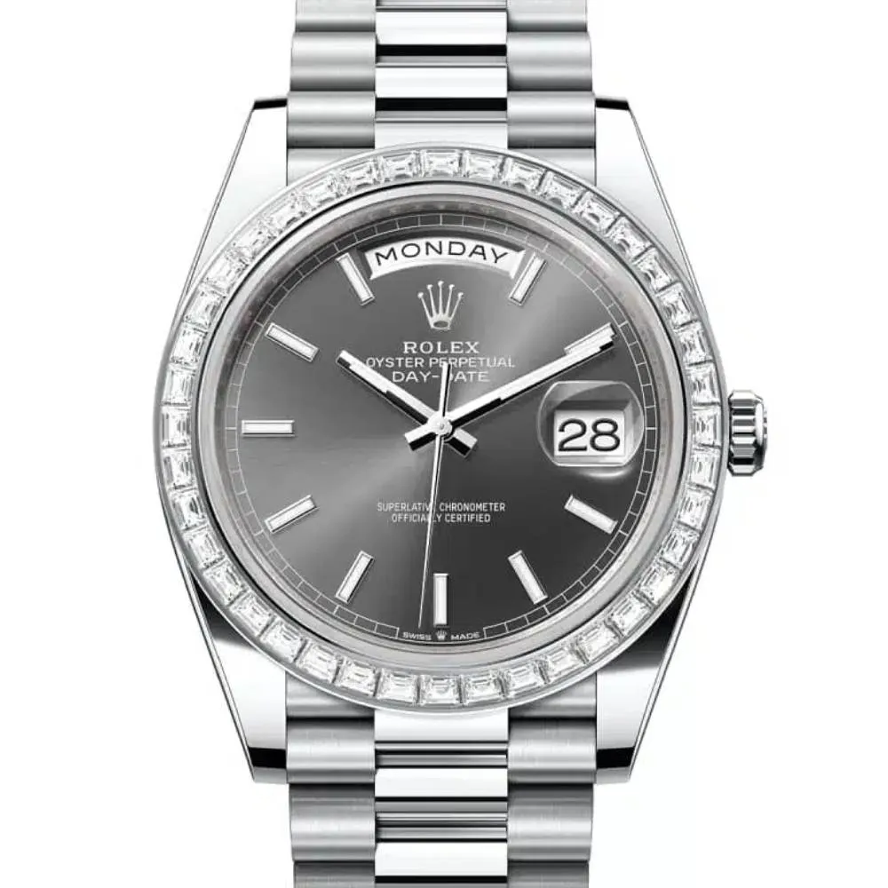 Rolex Day Date 40mm - Ref: 228396tbr-0031 - Slate Grey Stick Dial & Diamond Bezel, Platinum President Bracelet Men's Watch