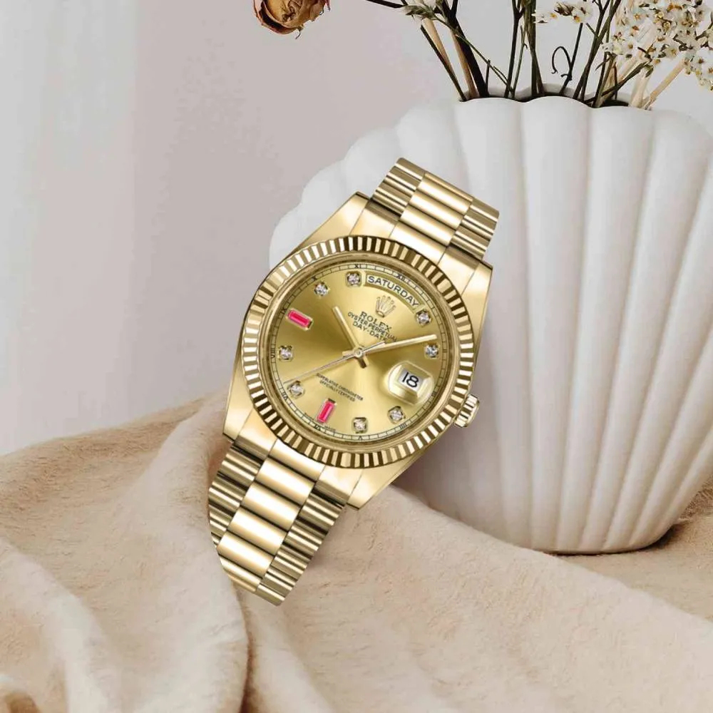 Rolex Day Date 41mm - Ref: 218238 - Champagne Diamond / Ruby Dial & Diamond Bezel, 18K Yellow Gold President Bracelet Men's Watch