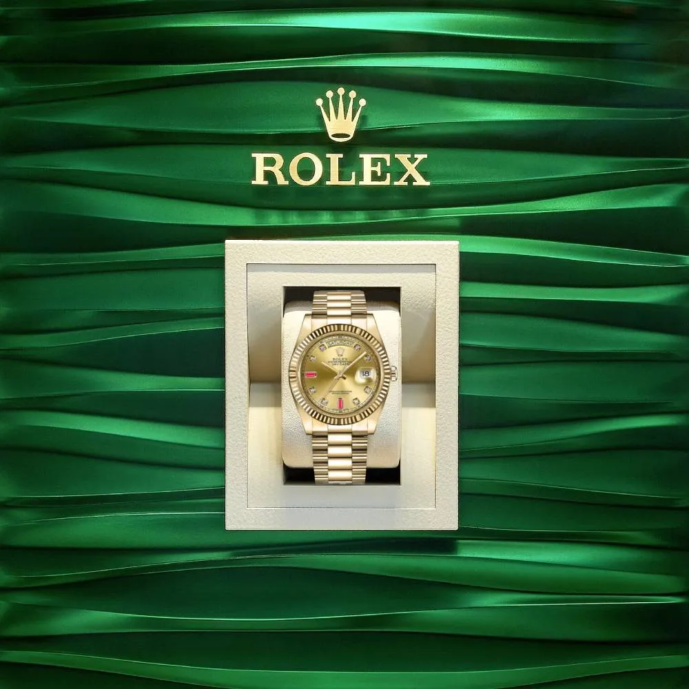 Rolex Day Date 41mm - Ref: 218238 - Champagne Diamond / Ruby Dial & Diamond Bezel, 18K Yellow Gold President Bracelet Men's Watch