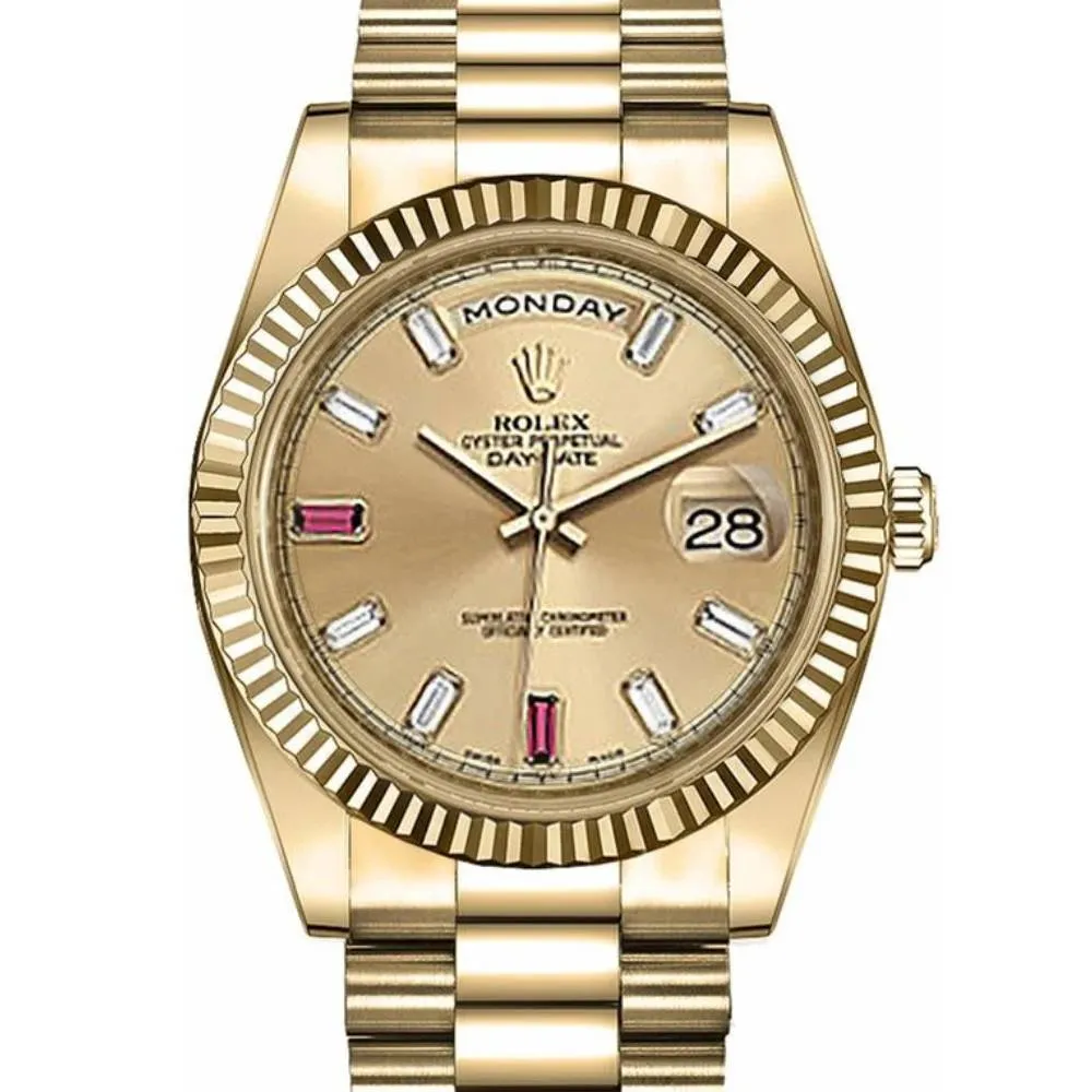 Rolex Day Date II 41mm - Ref: 218238 - Champagne Roman Dial & Fluted Bezel, Diamond / Ruby Dial & Fluted Bezel, 18K Yellow Gold President Bracelet Men's Watch