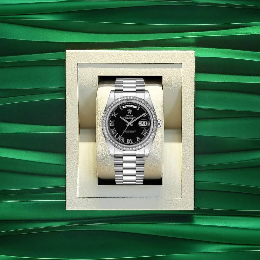 Rolex Day Date II 41mm - Ref: 218349 bkrp - Black Roman Dial & Diamond Bezel, 18K White Gold President Bracelet Men's Watch