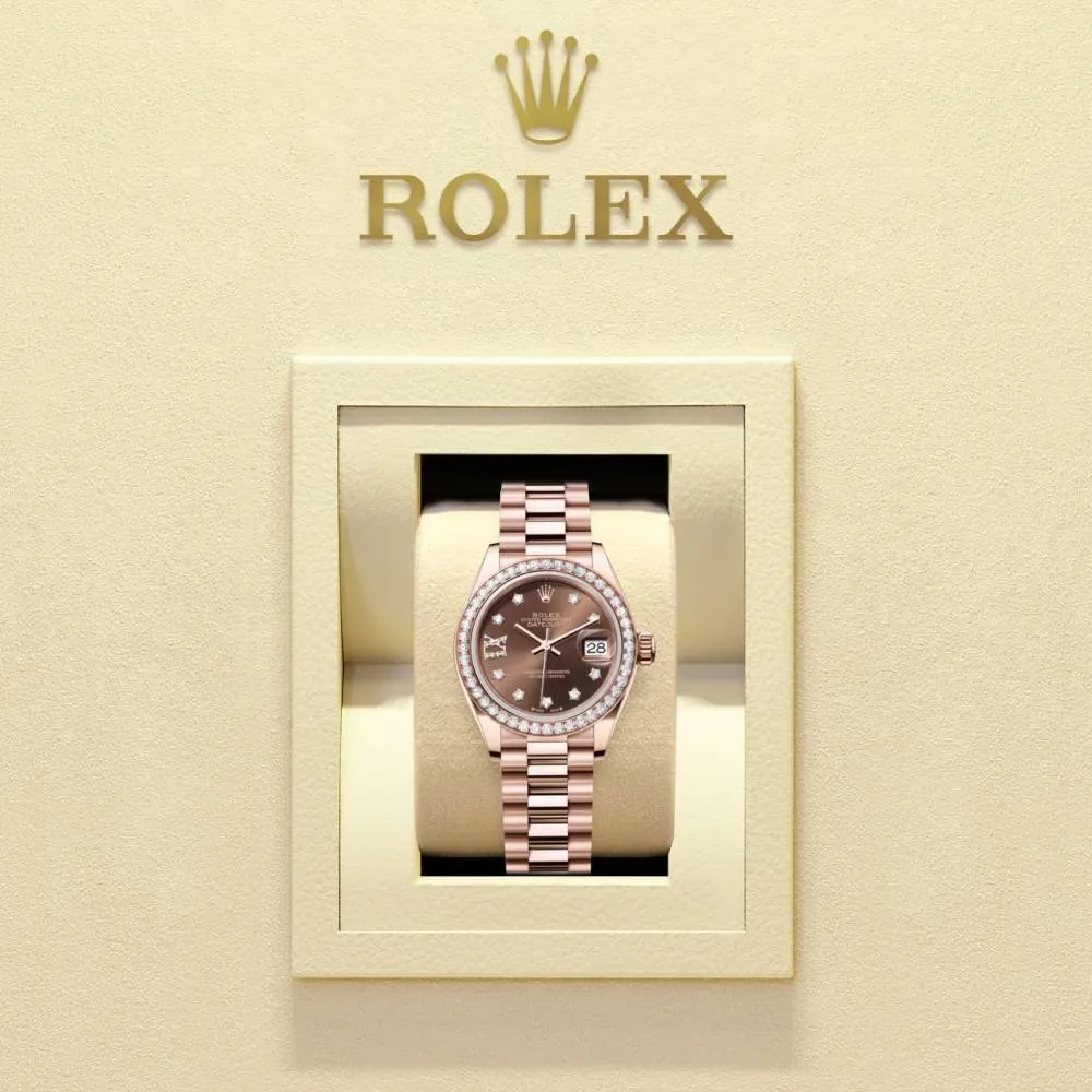 Rolex Lady Datejust 28mm - Ref: 279135rbr-0001 - Chocolate Diamond Dial & Diamond Bezel, 18K Rose Gold President Bracelet Women's Watch