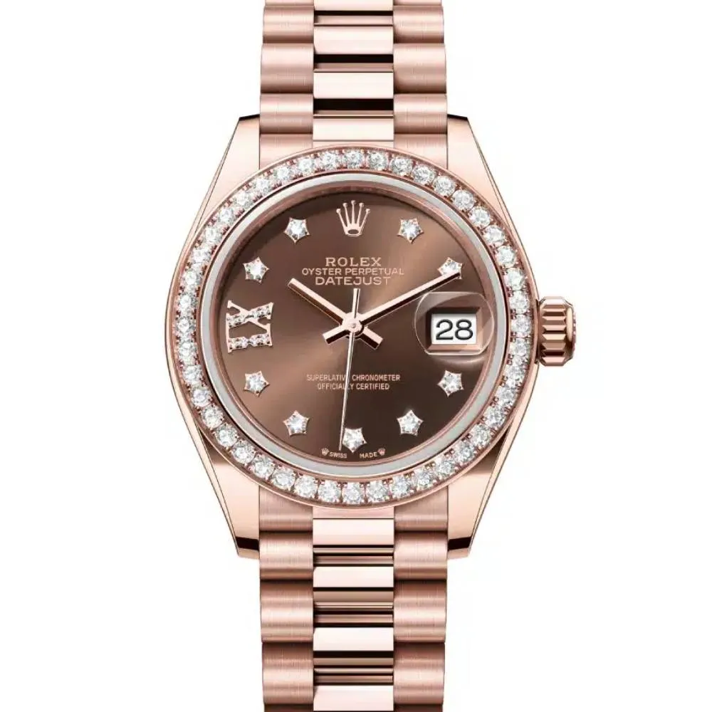 Rolex Lady Datejust 28mm - Ref: 279135rbr-0001 - Chocolate Diamond Dial & Diamond Bezel, 18K Rose Gold President Bracelet Women's Watch
