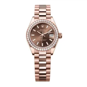 Rolex Lady Datejust 28mm - Ref: 279135rbr-0005 - Chocolate Dial & Diamond Bezel, 18K Rose Gold President Bracelet Women's Watch