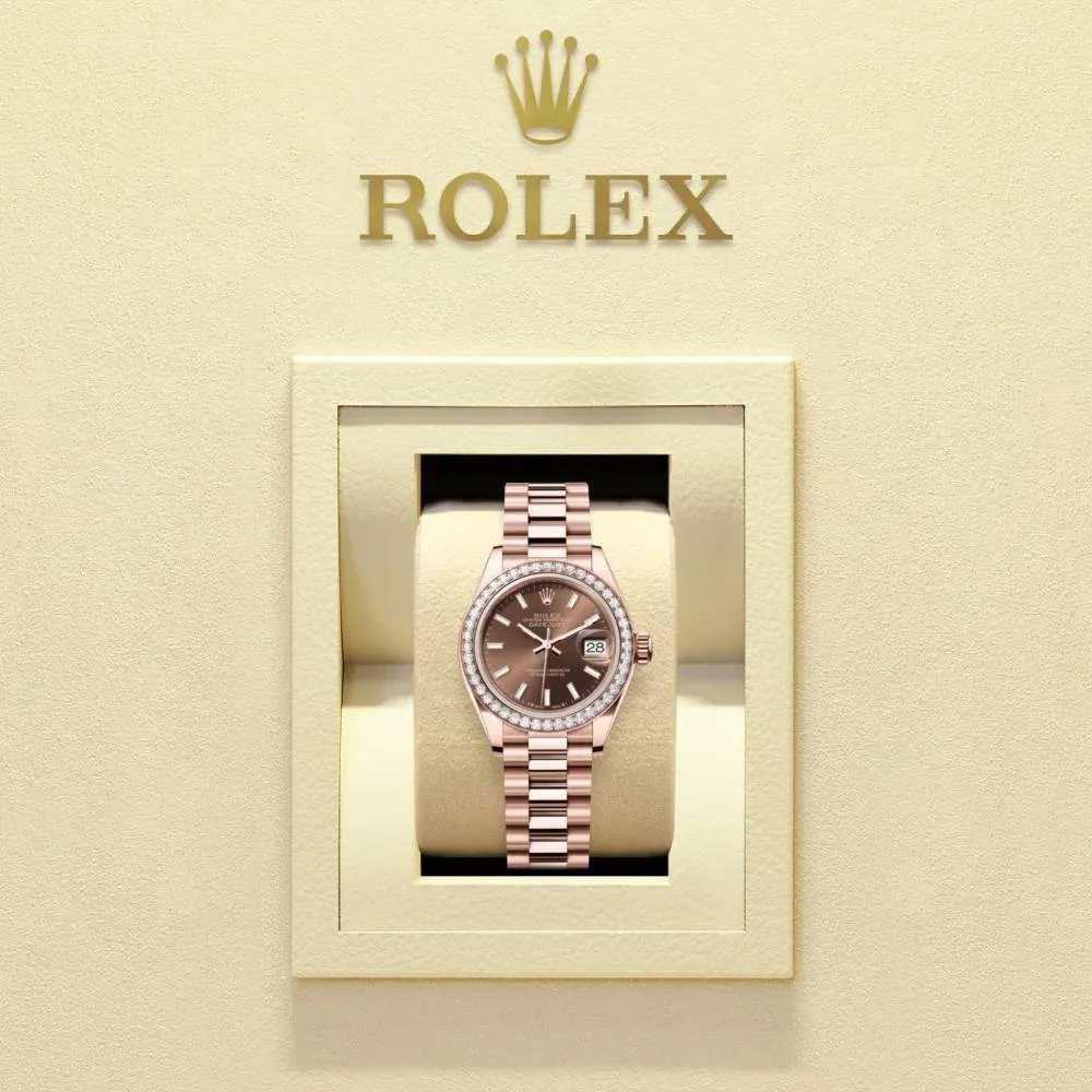 Rolex Lady Datejust 28mm - Ref: 279135rbr-0005 - Chocolate Dial & Diamond Bezel, 18K Rose Gold President Bracelet Women's Watch