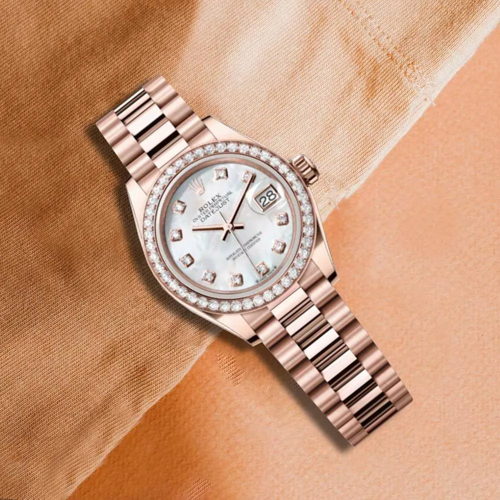 Rolex Lady Datejust 28mm - Ref: 279135rbr-0010 - White Mother of Pearl Dial & Diamond Bezel, 18K Rose Gold President Bracelet Women's Watch