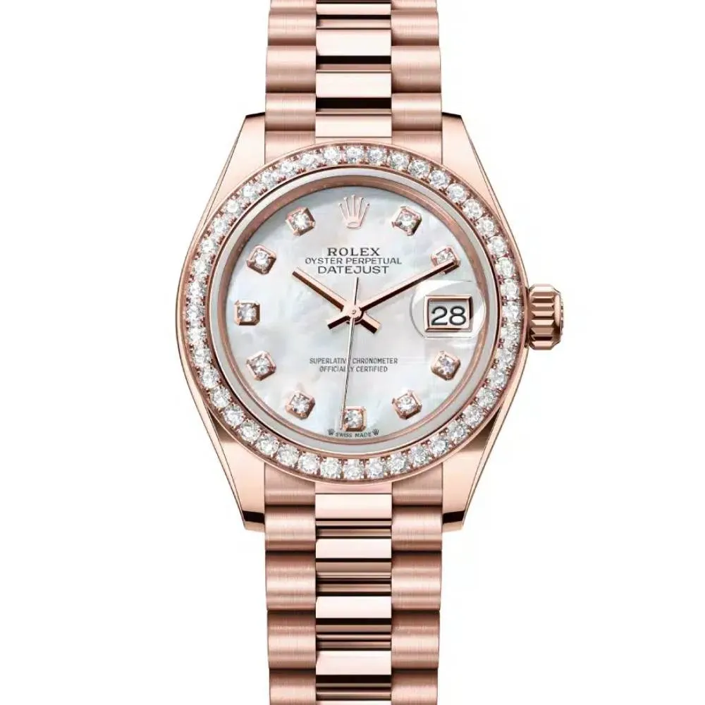 Rolex Lady Datejust 28mm - Ref: 279135rbr-0010 - White Mother of Pearl Dial & Diamond Bezel, 18K Rose Gold President Bracelet Women's Watch
