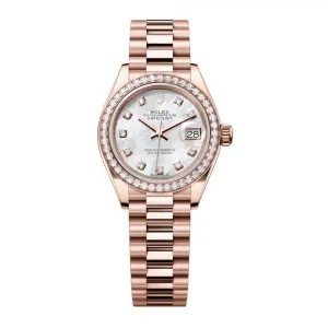Rolex Lady Datejust 28mm - Ref: 279135rbr-0010 - White Mother of Pearl Dial & Diamond Bezel, 18K Rose Gold President Bracelet Women's Watch