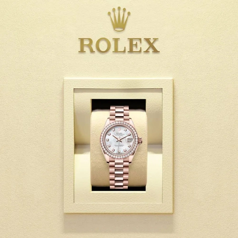 Rolex Lady Datejust 28mm - Ref: 279135rbr-0010 - White Mother of Pearl Dial & Diamond Bezel, 18K Rose Gold President Bracelet Women's Watch