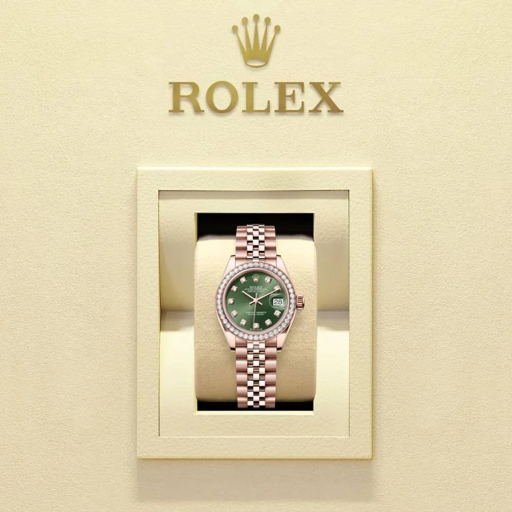 Rolex Lady-Datejust 28mm - Ref: 279135rbr-0015 - Green Diamond Dial & Diamond Bezel, 18K Rose Gold Jubilee Bracelet Women's Watch