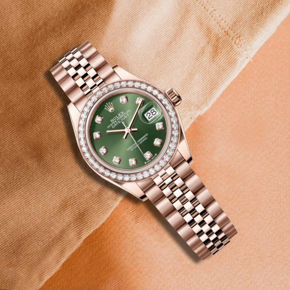 Rolex Lady-Datejust 28mm - Ref: 279135rbr-0015 - Green Diamond Dial & Diamond Bezel, 18K Rose Gold Jubilee Bracelet Women's Watch