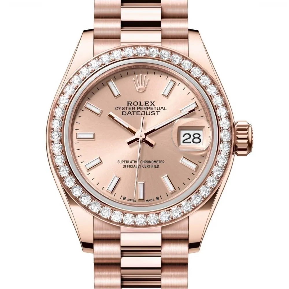 Rolex Lady-Datejust 28mm - Ref: 279135rbr-0025 - Rose Stick Dial & Diamond Bezel, 18K Rose Gold Presidential Bracelet Women's Watch