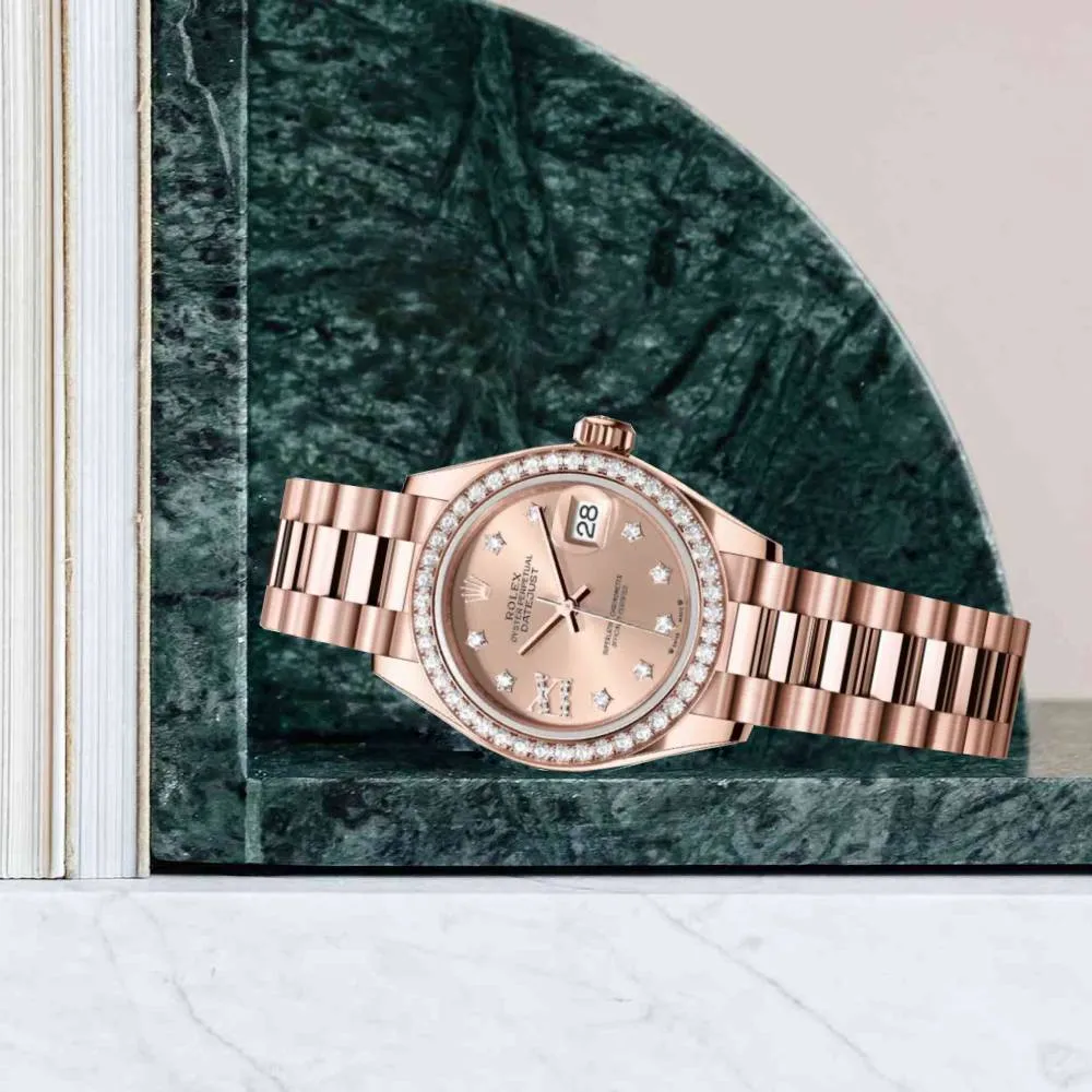 Rolex Lady-Datejust 28mm - Ref: 279135rbr-0029 - Rose Diamond Dial & Diamond Bezel, 18K Rose Gold Presidential Bracelet Women's Watch