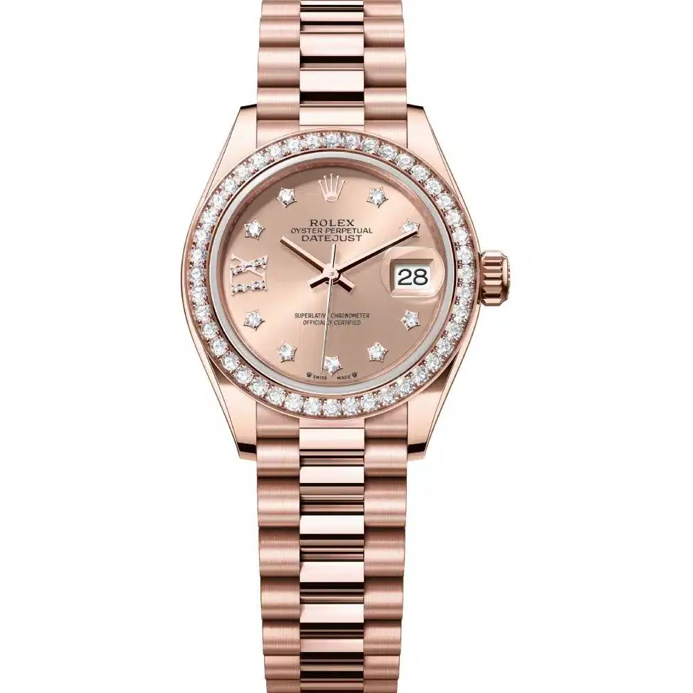 Rolex Lady-Datejust 28mm - Ref: 279135rbr-0029 - Rose Diamond Dial & Diamond Bezel, 18K Rose Gold Presidential Bracelet Women's Watch