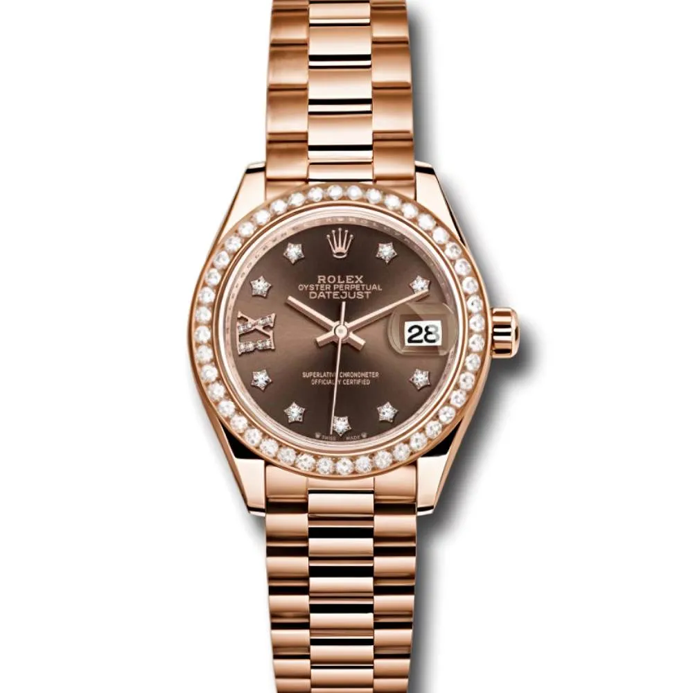 Rolex Lady-Datejust 28mm - Ref: 279135RBR cho9dix8dp - Chocolate Diamond Dial & Diamond Bezel, 18K Rose Gold Presidential Bracelet Women's Watch