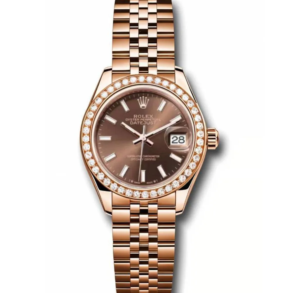 Rolex Lady Datejust 28mm - Ref: 279135rbr choij - Chocolate Dial & Diamond Bezel, 18K Rose Gold Jubilee Bracelet Women's Watch