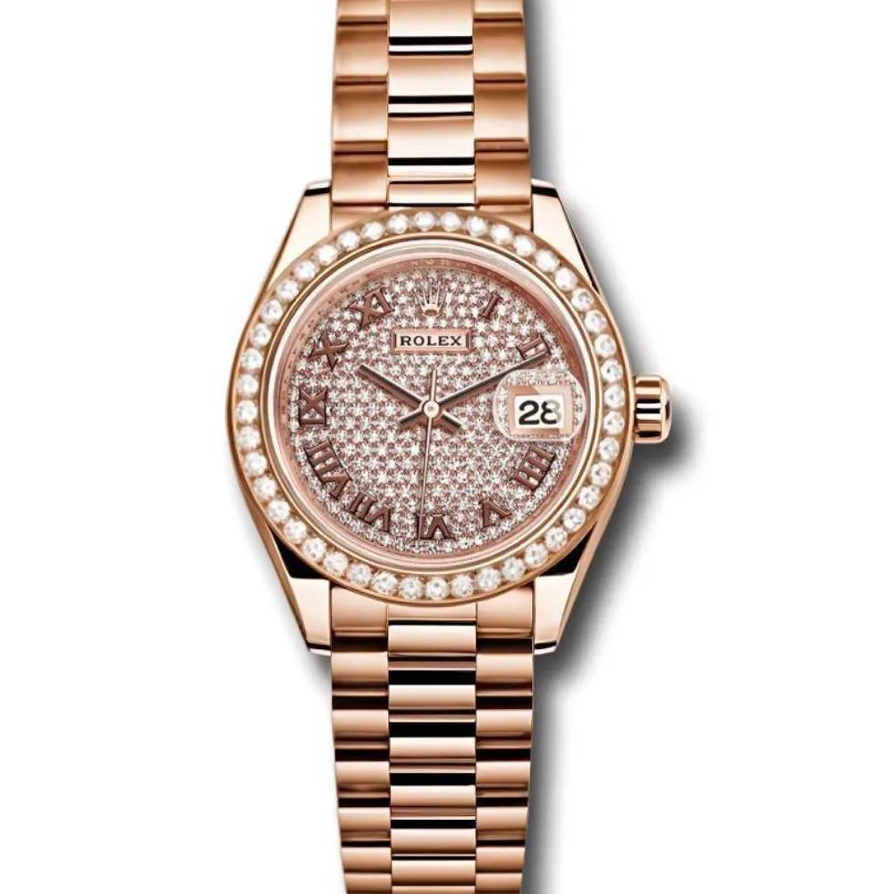 Rolex Lady-Datejust 28mm - Ref: 279135RBR dprp - Diamond Pave Dial & Diamond Bezel, 18K Rose Gold Presidential Bracelet Women's Watch