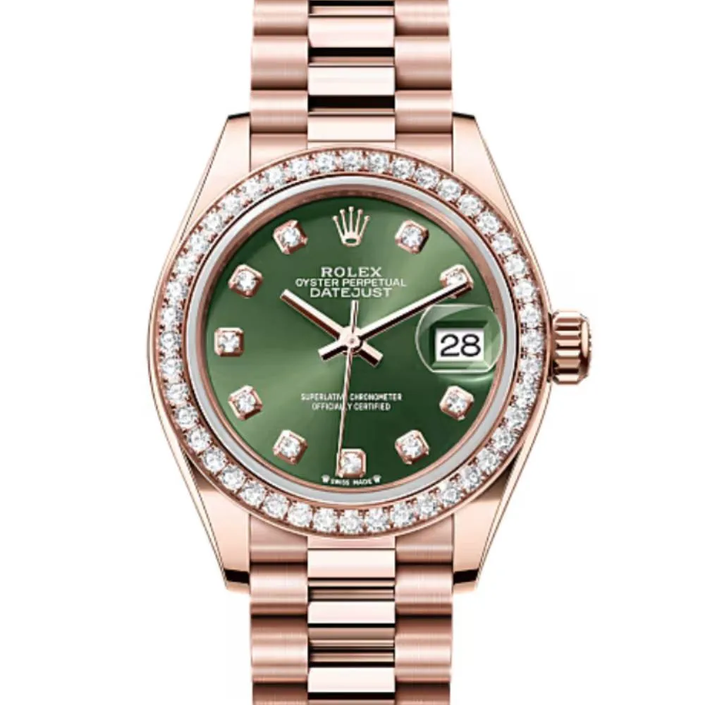 Rolex Lady Datejust 28mm - Ref: 279135rbr ogdp - Green Dial & Diamond Bezel, 18K Rose Gold Oyster Bracelet Women's Watch
