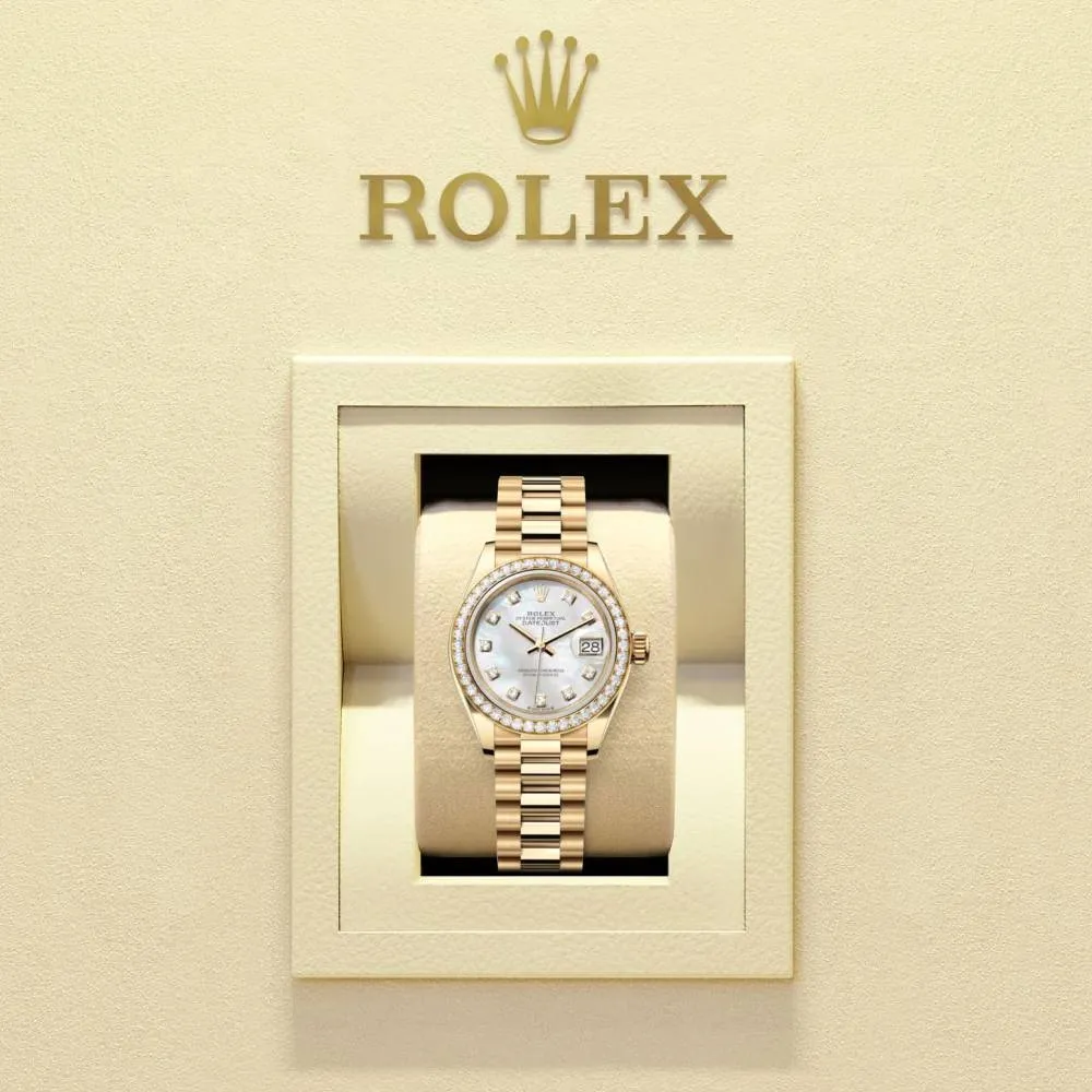 Rolex Lady Datejust 28mm - Ref: 279138rbr-0015 - White Mother of Pearl Dial, 18K Yellow Gold President Bracelet Women's Watch